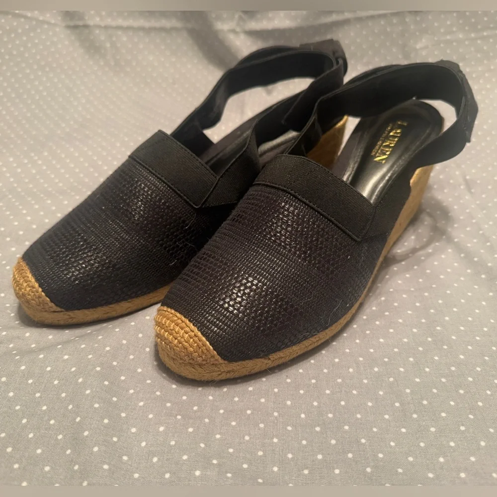 Lauren Ralph Lauren Helma Black Espadrille Wedges 10B NWOT Woven Slingback